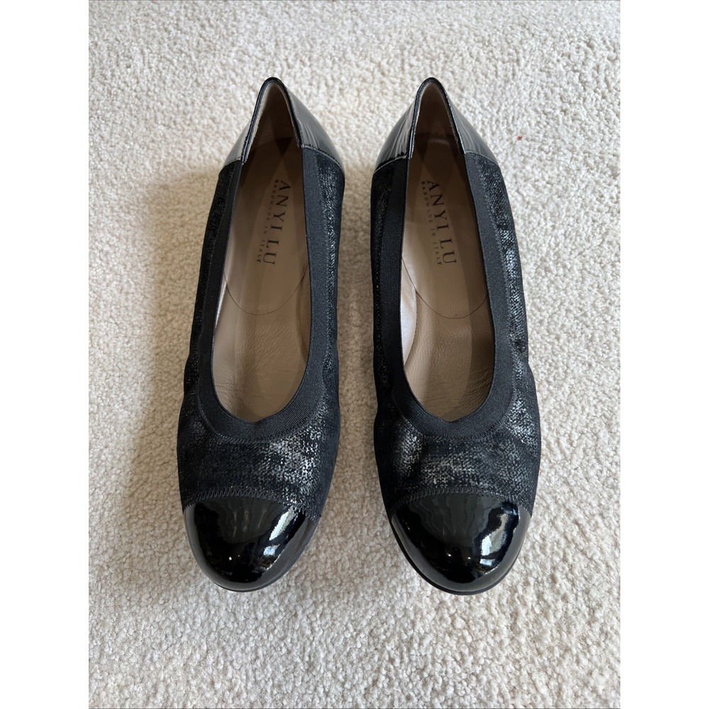 Anyi Lu Cate Ballet Flats Shoes 39.5‎ Black Cap Toe Leather Designer Minimalist